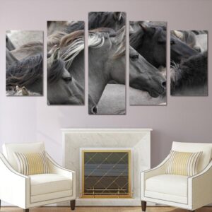 Running Gray Black Horses - Animal 5 Panel Canvas Art Wall Decor