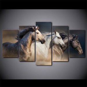 Running Horses 1 - Animal 5 Panel Canvas Art Wall Decor