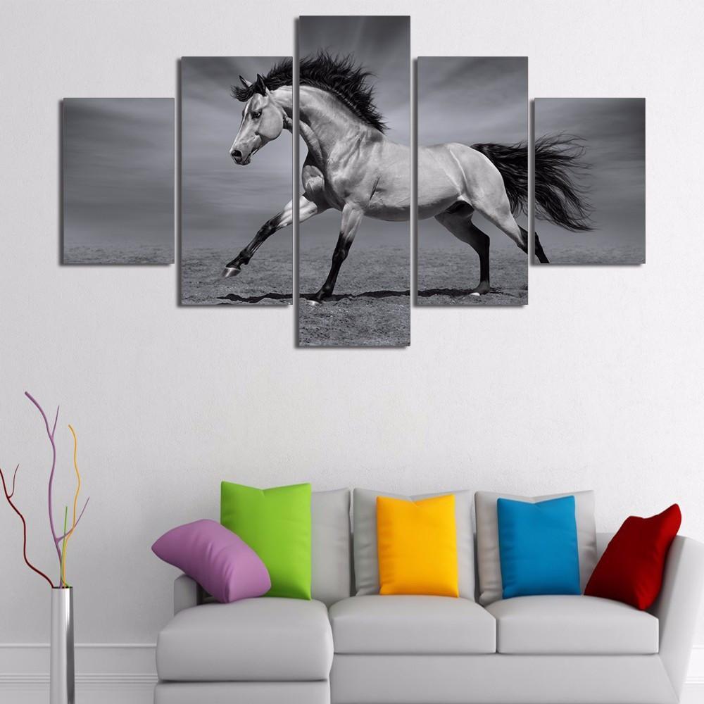 Running Horses In Black And White - Animal 5 Panel Canvas Art Wall Decor Running Horses In Black And White - Animal 5 Panel Canvas Art Wall Decor