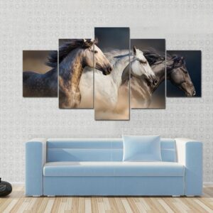 Running Horses In Desert Dust - Animal 5 Panel Canvas Art Wall Decor