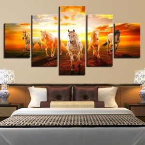 Running Horses Sunset Running Horses - Animal 5 Panel Canvas Art Wall Decor