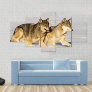 Running In Snow Gray Wolves - Animal 5 Panel Canvas Art Wall Decor