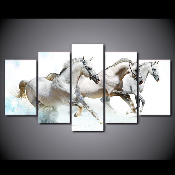 Running White Horses - Animal 5 Panel Canvas Art Wall Decor Running White Horses - Animal 5 Panel Canvas Art Wall Decor