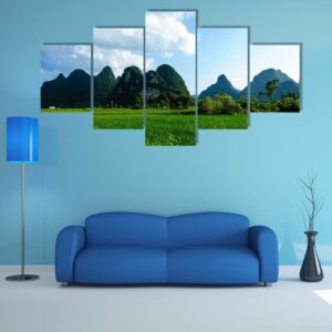 Rural Scenery In Summer With Karst Mountains - Nature 5 Panel Canvas Art Wall Decor