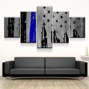 Rustic Distressed Police Blue Line Flag - Abstract 5 Panel Canvas Art Wall Decor