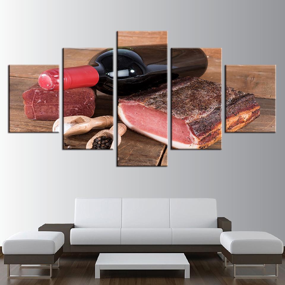 Rwine And Meat Kitchen Food Restaurant - Wine 5 Panel Canvas Art Wall Decor Rwine And Meat Kitchen Food Restaurant - Wine 5 Panel Canvas Art Wall Decor