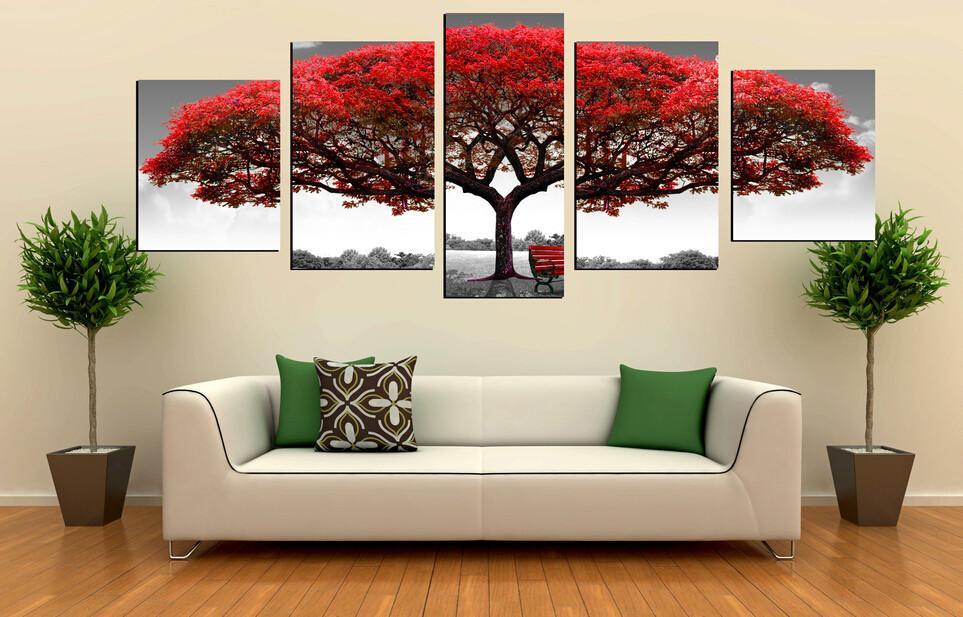 Safe Under Big Red Tree - Nature 5 Panel Canvas Art Wall Decor Safe Under Big Red Tree - Nature 5 Panel Canvas Art Wall Decor