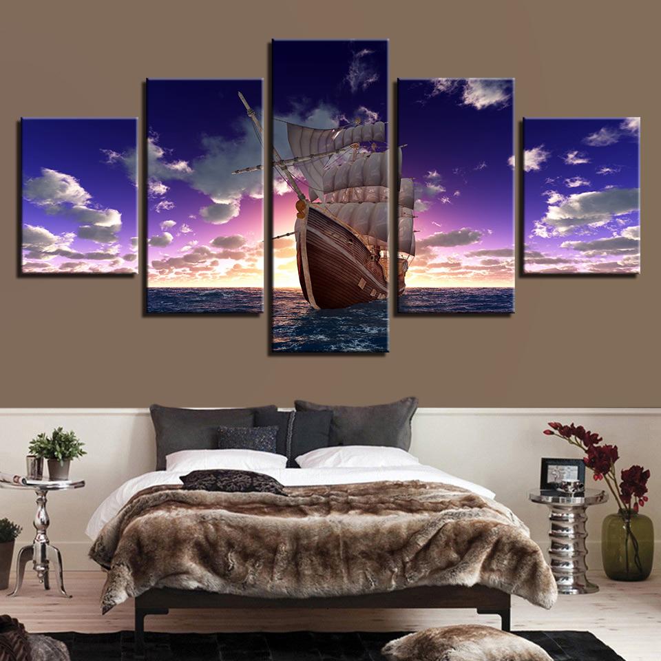 Sailboat Sunset Seascape - Nature 5 Panel Canvas Art Wall Decor Sailboat Sunset Seascape - Nature 5 Panel Canvas Art Wall Decor