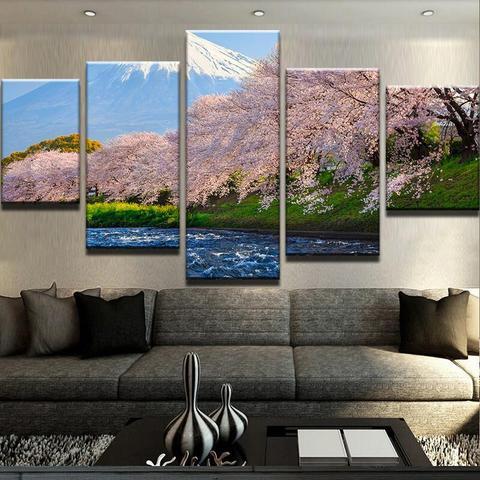 Sakura At Mount Fuji - Nature 5 Panel Canvas Art Wall Decor Sakura At Mount Fuji - Nature 5 Panel Canvas Art Wall Decor