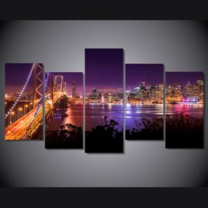 San Francisco Night Sunset Bridge - Nature 5 Panel Canvas Art Wall Decor