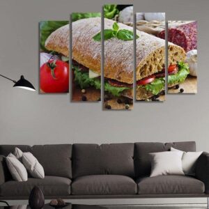 Sandwich Ciabatta With Salami - Kitchen 5 Panel Canvas Art Wall Decor