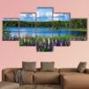 Scandinavian Summer Landscape With Lupies And Lake - Nature 5 Panel Canvas Art Wall Decor