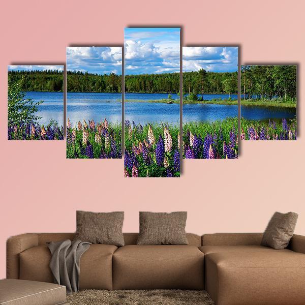 Scandinavian Summer Landscape With Lupies And Lake - Nature 5 Panel Canvas Art Wall Decor Scandinavian Summer Landscape With Lupies And Lake - Nature 5 Panel Canvas Art Wall Decor