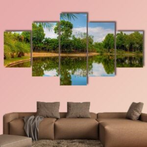 Scenic Lake View With Garden 1 - Nature 5 Panel Canvas Art Wall Decor