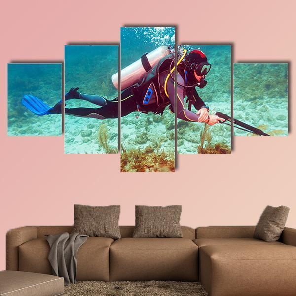 Scuba Diver Near Coral Bottom - Fishing 5 Panel Canvas Art Wall Decor Scuba Diver Near Coral Bottom - Fishing 5 Panel Canvas Art Wall Decor