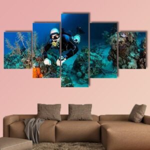 Scuba Diver On A Tropical Coral Reef - Nature 5 Panel Canvas Art Wall Decor