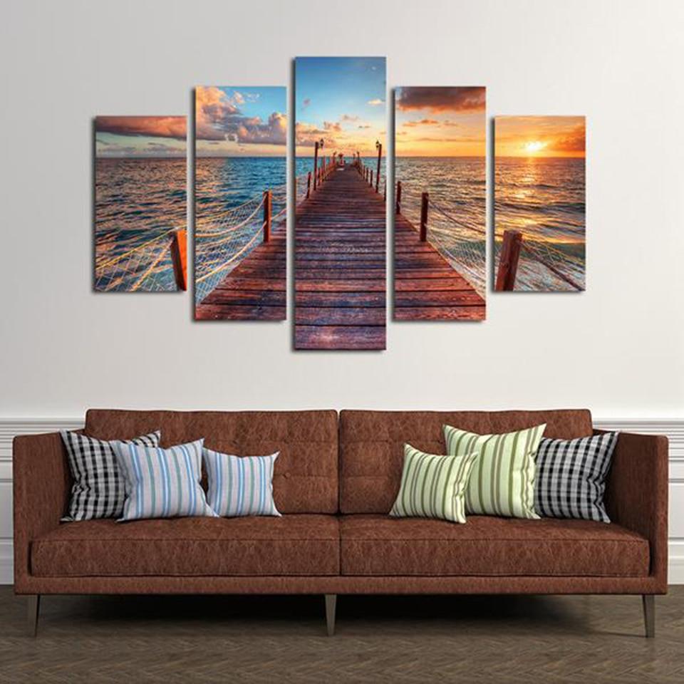 Sea Bridge Sunset Sunshine - Nature 5 Panel Canvas Art Wall Decor Sea Bridge Sunset Sunshine - Nature 5 Panel Canvas Art Wall Decor