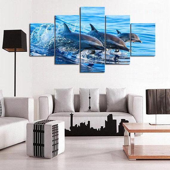 Sea Dolphin Ocean - Animal 5 Panel Canvas Art Wall Decor Sea Dolphin Ocean - Animal 5 Panel Canvas Art Wall Decor
