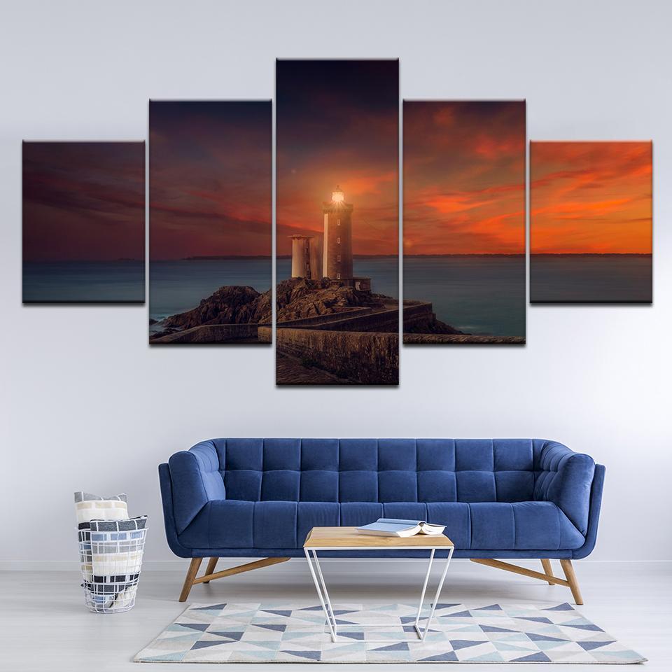 Sea Lighthouse Rosy Clouds Scenery - Nature 5 Panel Canvas Art Wall Decor Sea Lighthouse Rosy Clouds Scenery - Nature 5 Panel Canvas Art Wall Decor