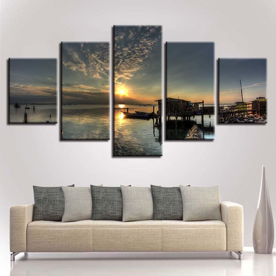 Sea Ship Sunset - Space 5 Panel Canvas Art Wall Decor Sea Ship Sunset - Space 5 Panel Canvas Art Wall Decor