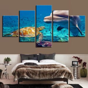 Sea Turtle Blue Deep Ocean Dolphin Fish - Animal 5 Panel Canvas Art Wall Decor
