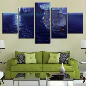 Sea Water Ship And Cloud Night - Space 5 Panel Canvas Art Wall Decor