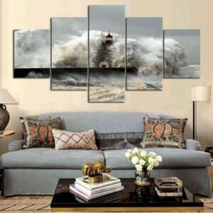 Sea Wave Lighthouse 01 - Nature 5 Panel Canvas Art Wall Decor