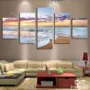 Sea Waves And Purple Orange Sky - Space 5 Panel Canvas Art Wall Decor