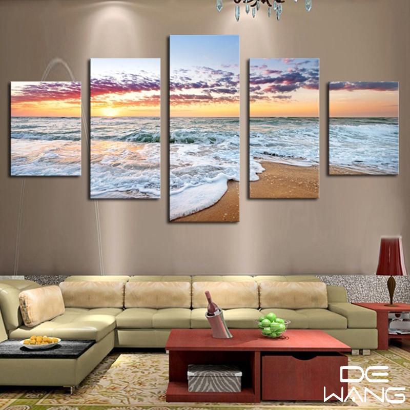 Sea Waves And Purple Orange Sky - Space 5 Panel Canvas Art Wall Decor Sea Waves And Purple Orange Sky - Space 5 Panel Canvas Art Wall Decor