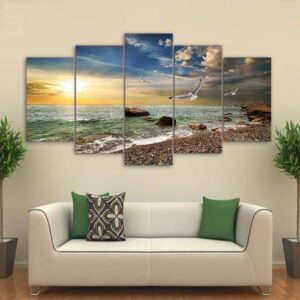 Seagull Shore - Nature 5 Panel Canvas Art Wall Decor