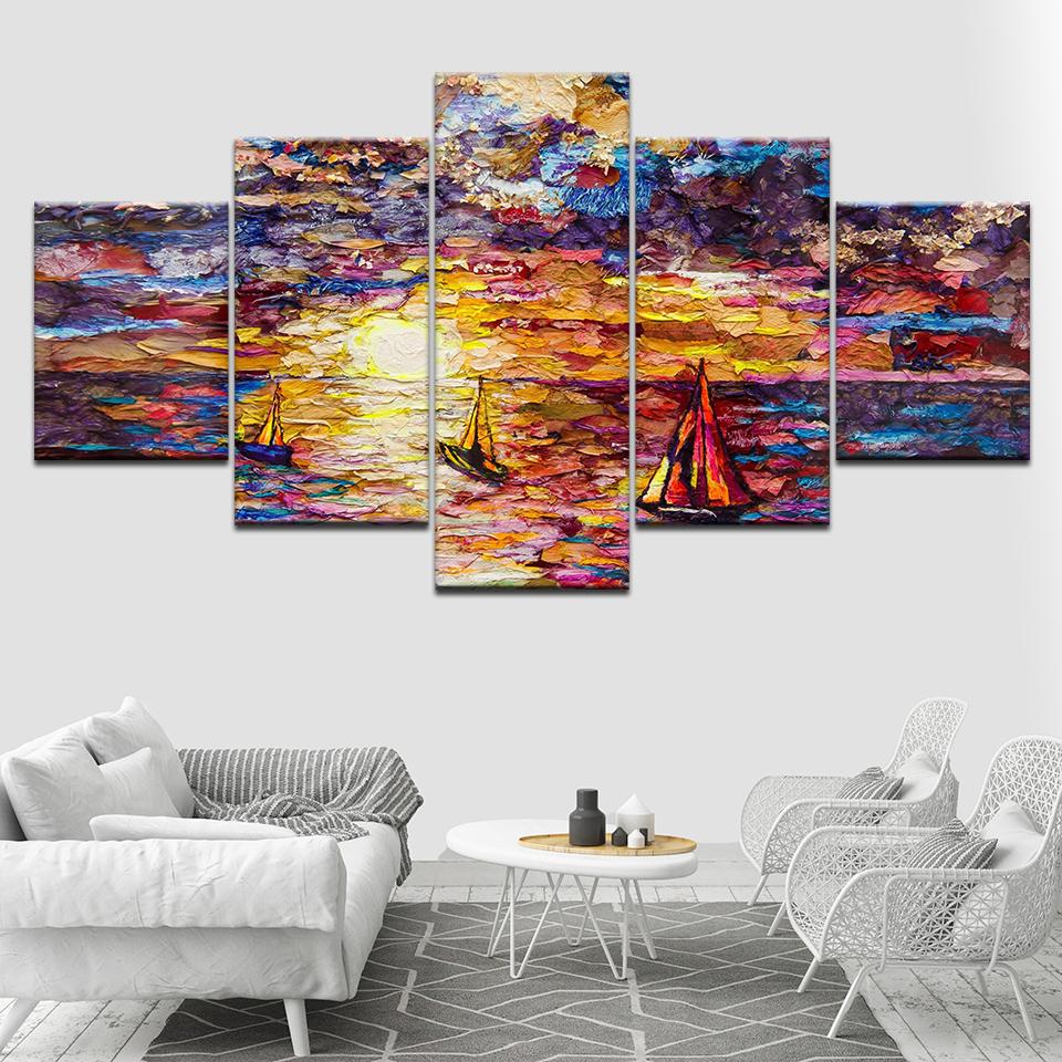 Seascape Graffiti Sailboat - Abstract 5 Panel Canvas Art Wall Decor Seascape Graffiti Sailboat - Abstract 5 Panel Canvas Art Wall Decor