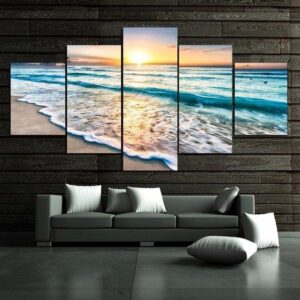 Seascape Sunset Beach Sea Wave 02 - Nature 5 Panel Canvas Art Wall Decor