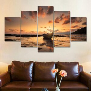Seascape Sunset Boat - Nature 5 Panel Canvas Art Wall Decor