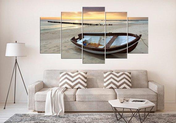 Seashore And Boat Ocean - Nature 5 Panel Canvas Art Wall Decor Seashore And Boat Ocean - Nature 5 Panel Canvas Art Wall Decor