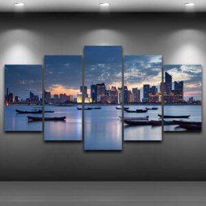 Seaside City Lake Boat - Space 5 Panel Canvas Art Wall Decor