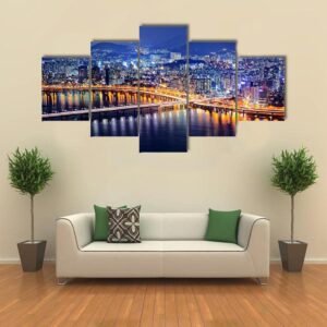 Seoul Tower And Downtown Skyline At Night - Nature 5 Panel Canvas Art Wall Decor