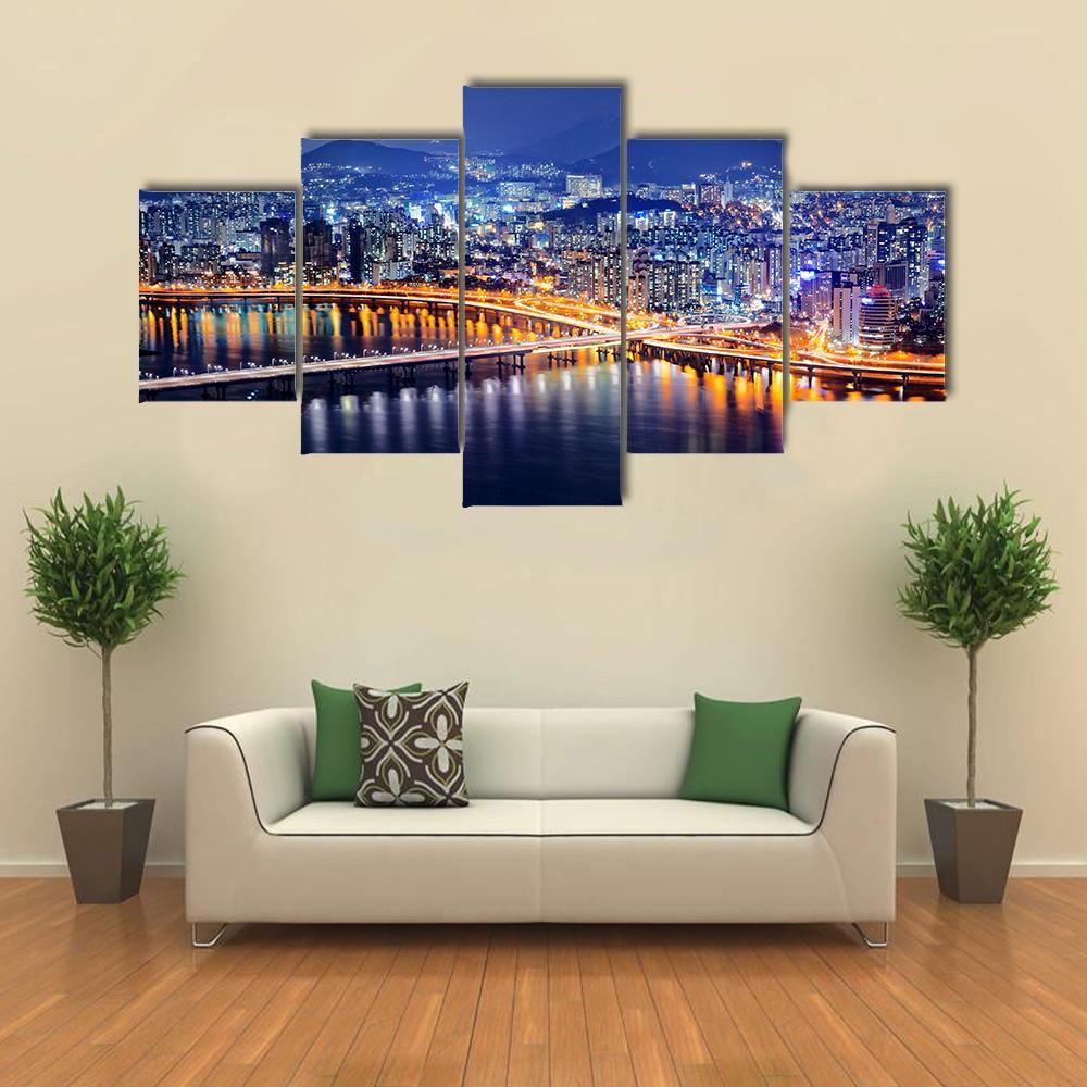 Seoul Tower And Downtown Skyline At Night - Nature 5 Panel Canvas Art Wall Decor Seoul Tower And Downtown Skyline At Night - Nature 5 Panel Canvas Art Wall Decor