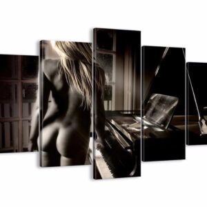 Sexy Beauty Woman And Piano - Abstract 5 Panel Canvas Art Wall Decor
