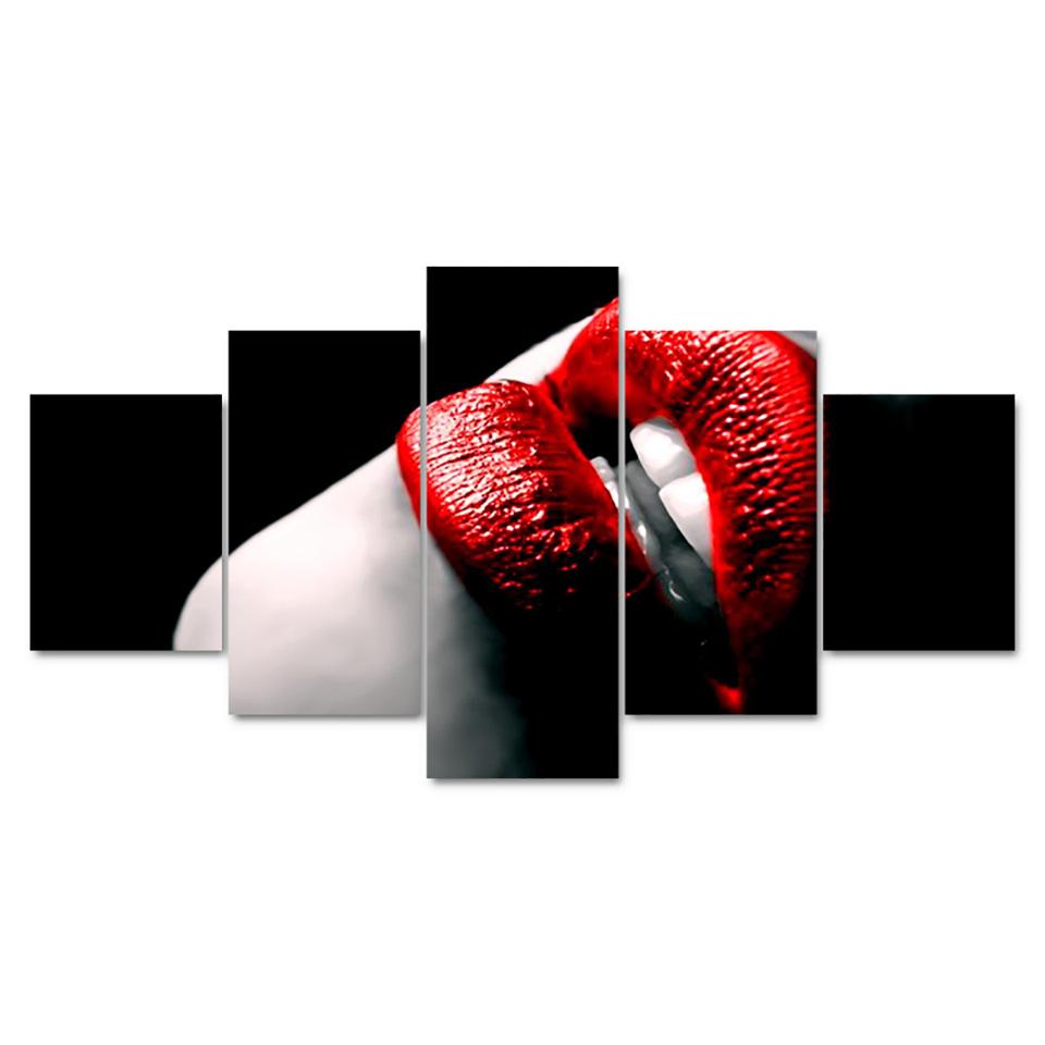 Sexy Woman Red Lips - Abstract 5 Panel Canvas Art Wall Decor Sexy Woman Red Lips - Abstract 5 Panel Canvas Art Wall Decor