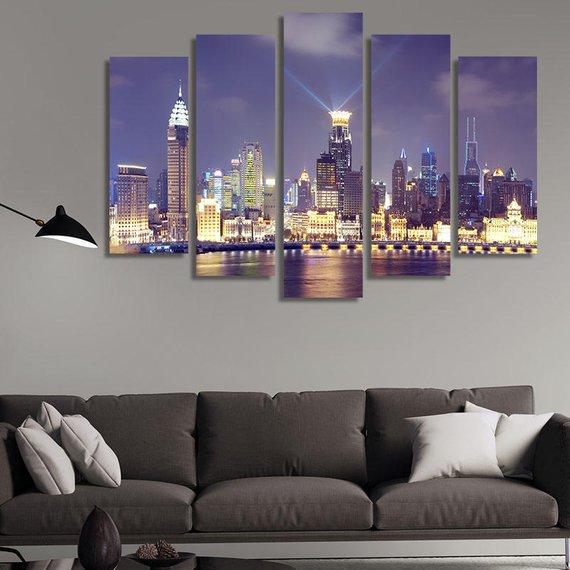 Shanghai China Night View - Nature 5 Panel Canvas Art Wall Decor Shanghai China Night View - Nature 5 Panel Canvas Art Wall Decor
