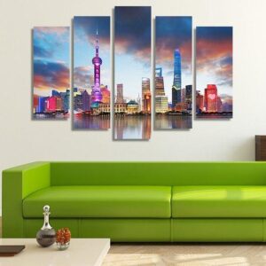 Shanghai Skyline China Skyline Reflection - Nature 5 Panel Canvas Art Wall Decor