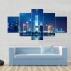 Shanghai Skyline With Reflection At Night - Nature 5 Panel Canvas Art Wall Decor