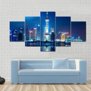 Shanghai Skyline With Reflection At Night - Nature 5 Panel Canvas Art Wall Decor