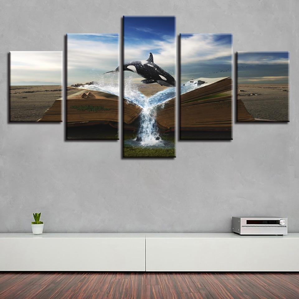Shark Leaping And Book - Abstract 5 Panel Canvas Art Wall Decor Shark Leaping And Book - Abstract 5 Panel Canvas Art Wall Decor
