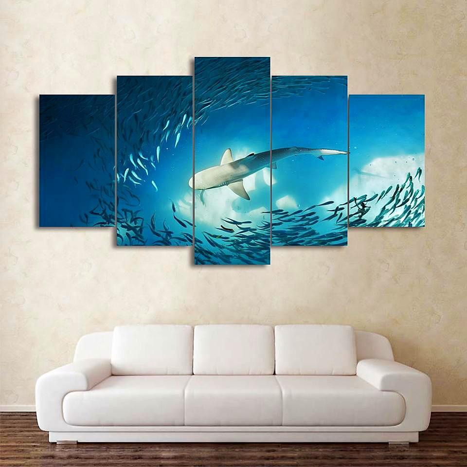Shark Painting Cluster Of Fish Deep Blue Ocean - Ocean 5 Panel Canvas Art Wall Decor Shark Painting Cluster Of Fish Deep Blue Ocean - Ocean 5 Panel Canvas Art Wall Decor