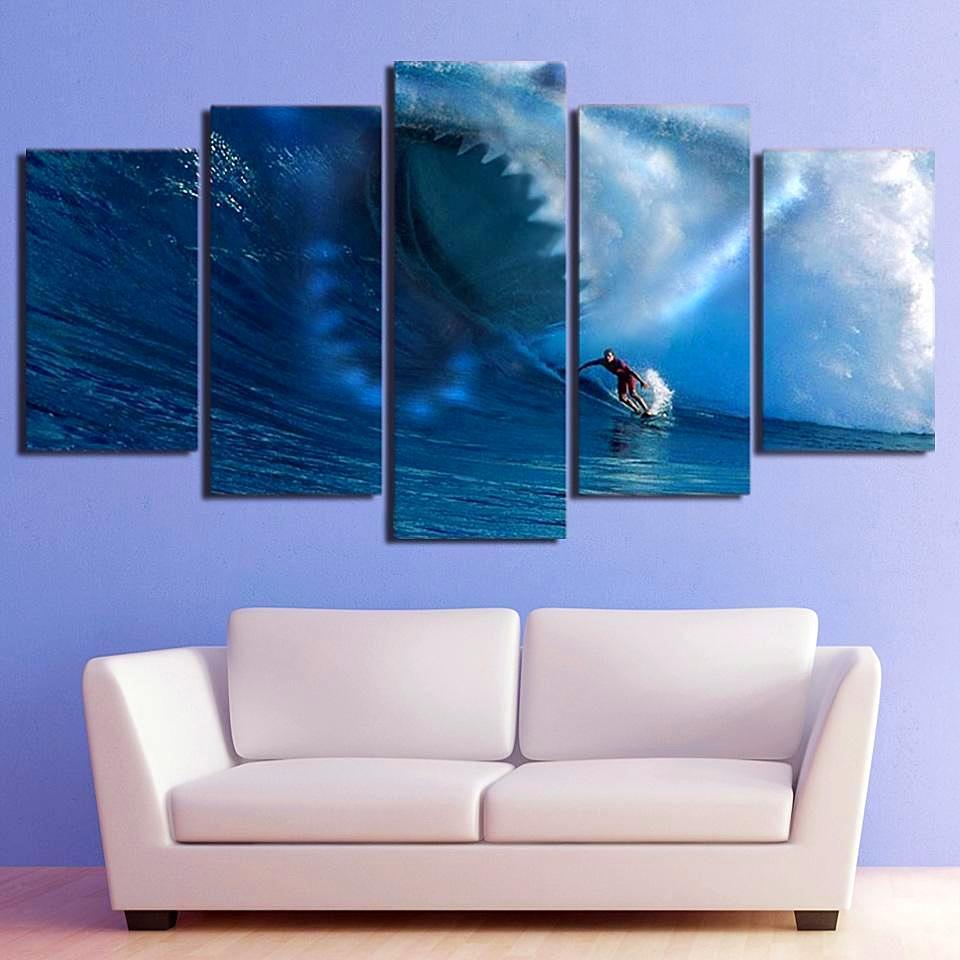 Shark Surf The Waves - Ocean 5 Panel Canvas Art Wall Decor Shark Surf The Waves - Ocean 5 Panel Canvas Art Wall Decor