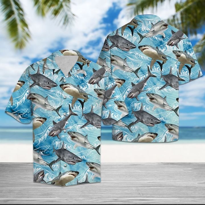 Shark Wave Water Hawaiian Shirt Summer Button Up Shark Wave Water Hawaiian Shirt Summer Button Up