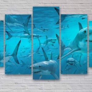 Sharks Underwater - Animal 5 Panel Canvas Art Wall Decor