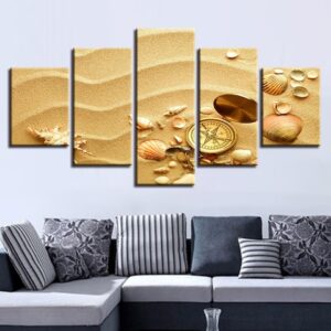Shell And Compass Sand - Nature 5 Panel Canvas Art Wall Decor