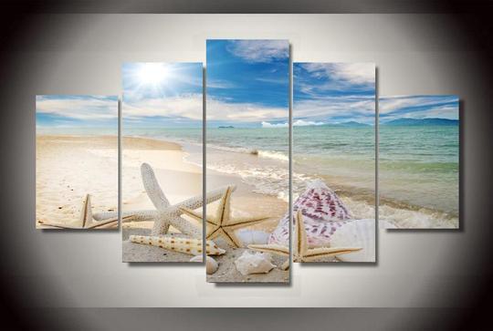 Shells And Starfish On The Beach - Space 5 Panel Canvas Art Wall Decor Shells And Starfish On The Beach - Space 5 Panel Canvas Art Wall Decor